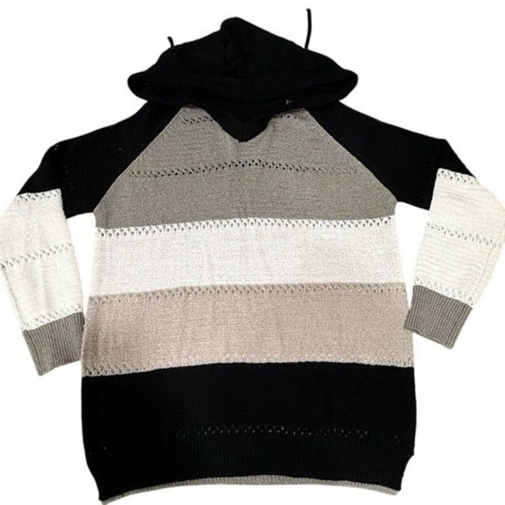 Women's Large Knit Top Black White‎ Gray Striped Sweater Pre-Loved